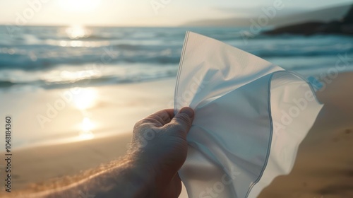 Hand Holding a White Fabric Against a Blurry Ocean Sunset Background photo