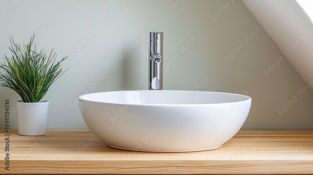 Fototapeta premium Modern bathroom sink with a sleek design, complemented by a plant for a touch of nature, set against a neutral wall.