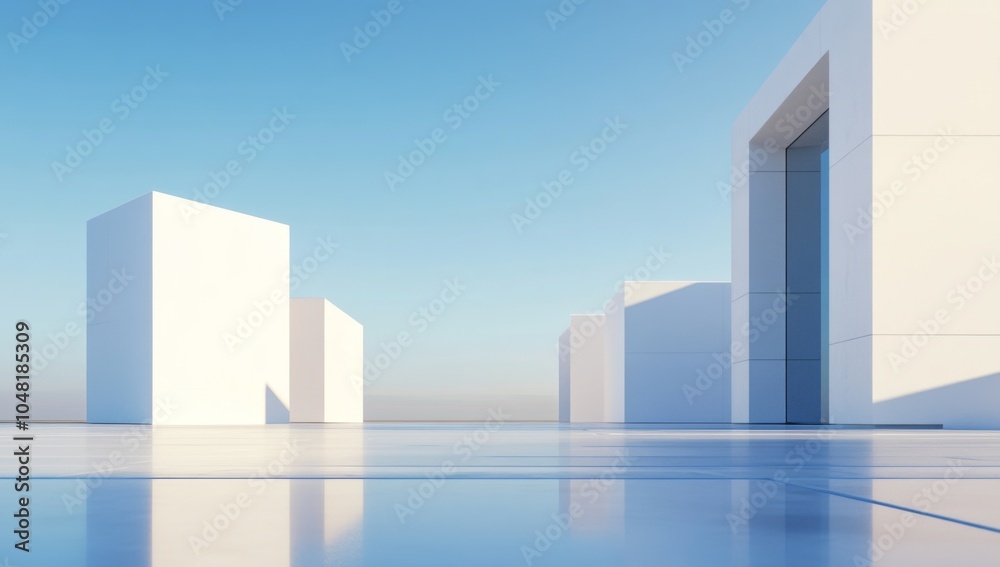 modern minimalistic futuristic white buildings on the horizon in front of endless blue sky modern minimalistic futuristic white buildings on the horizon in front of endless blue sky