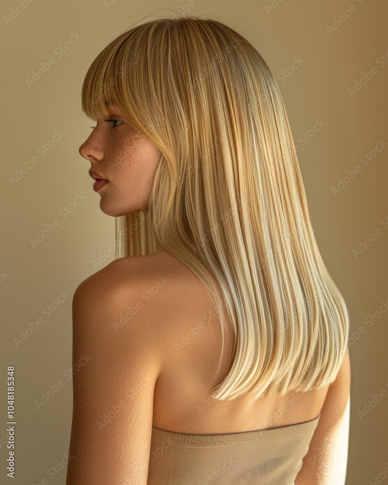 Fototapeta premium Blonde woman with sleek straight hair and bangs. Profile view of a blonde woman with sleek, straight hair and bangs, softly lit against a beige background, showcasing smooth and healthy hair.