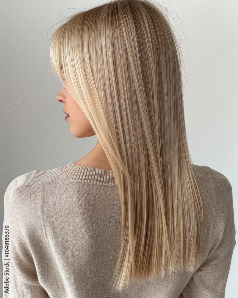 Fototapeta premium Woman with sleek straight blonde hair in profile. Profile view of a woman with sleek, straight blonde hair, showcasing a smooth and shiny hairstyle, wearing a light beige sweater.