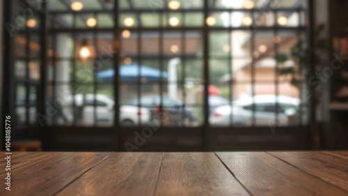 Wood table top on blurred of counter cafe shop.