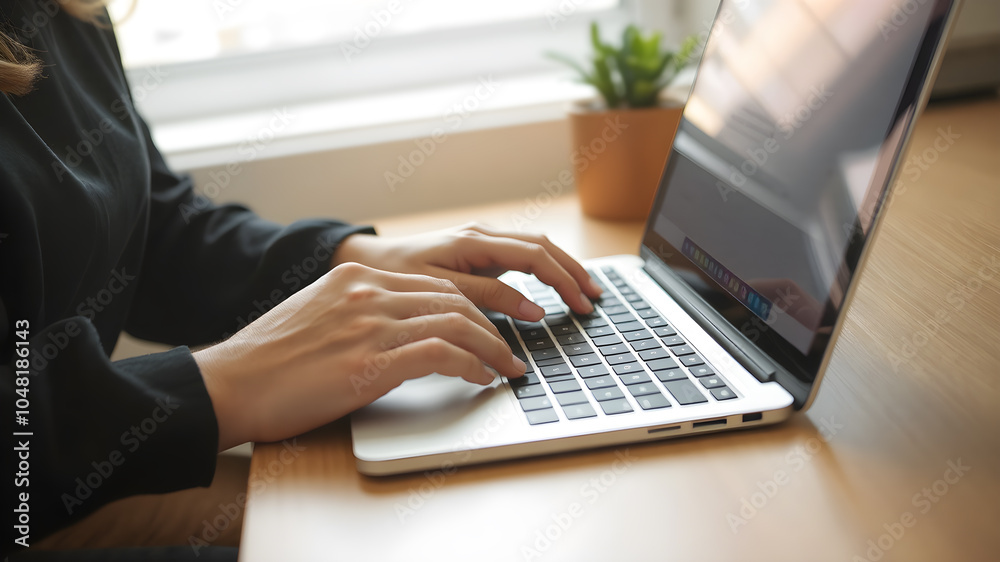 Close up image of woman hands typing on laptop computer keyboard and surfing the internet on office table. Close up image of woman hands typing on laptop computer keyboard and surfing the internet on office table.