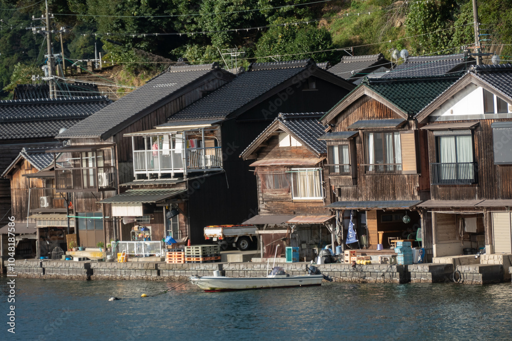Funaya Boathouses in Ine fisherman village Kyoto Prefecture, The funayas were originally constructed to lift fishermen's wooden boats from the sea