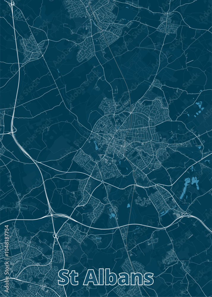 Map of St Albans, a city in Hertfordshire, England. The map is rendered in a minimalist style with a dark blue background and white lines representing roads and streets. Map of St Albans, a city in Hertfordshire, England. The map is rendered in a minimalist style with a dark blue background and white lines representing roads and streets.