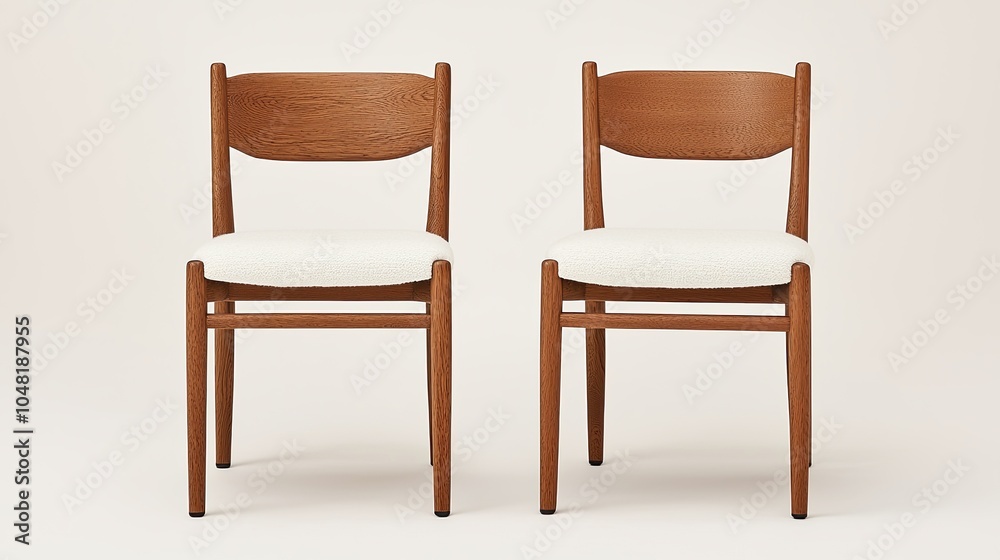 Fototapeta premium Two wooden chairs with simple design and woven seats, set against a neutral background.