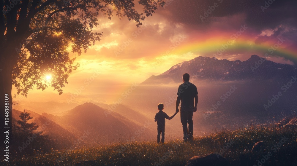 A father and son stand together, gazing at a vibrant sunset and rainbow over mountains. A father and son stand together, gazing at a vibrant sunset and rainbow over mountains.