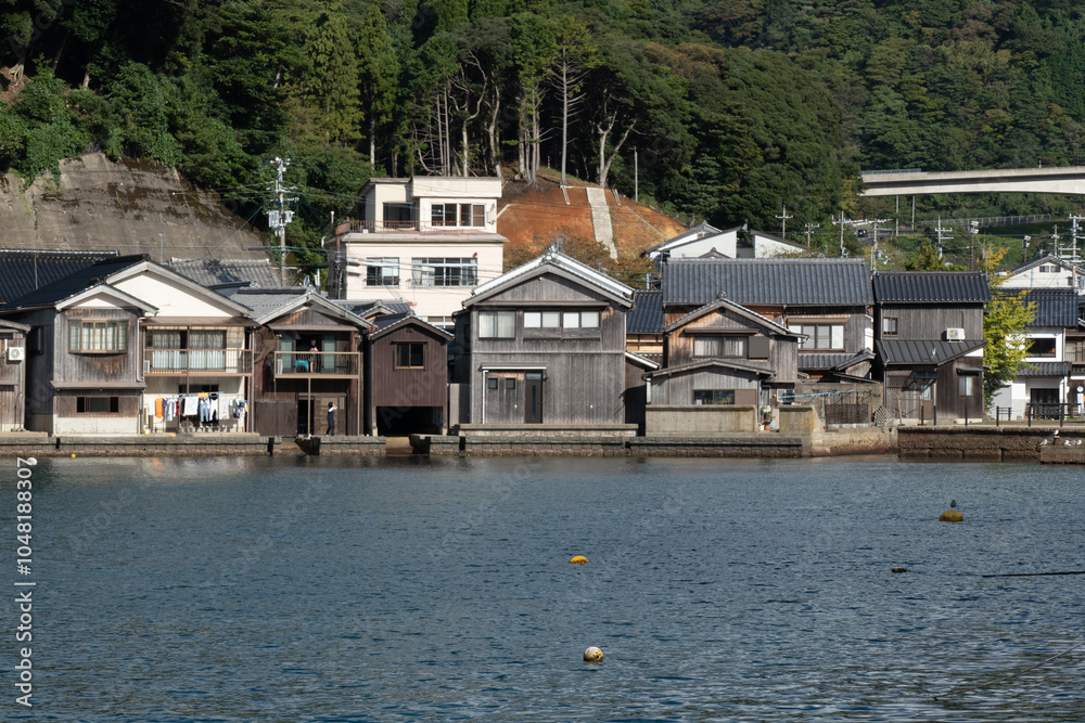 Funaya Boathouses in Ine fisherman village Kyoto Prefecture, The funayas were originally constructed to lift fishermen's wooden boats from the sea
