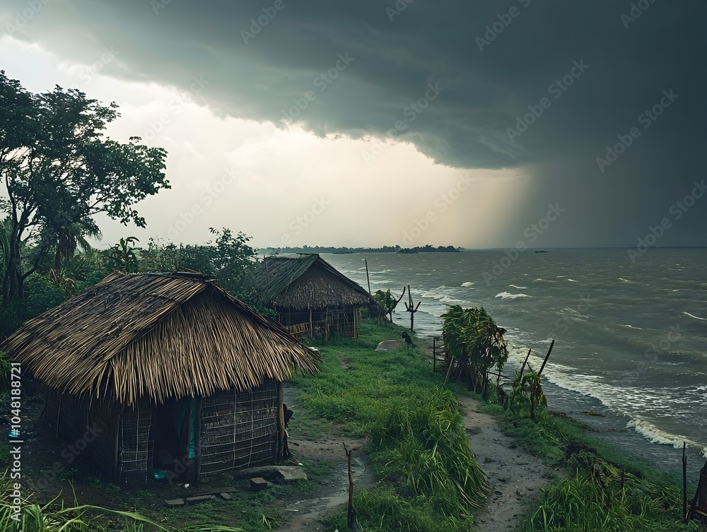 Coastal Bangladeshi Bamboo Huts Brace for Approaching Cyclone Storm Coastal Bangladeshi Bamboo Huts Brace for Approaching Cyclone Storm