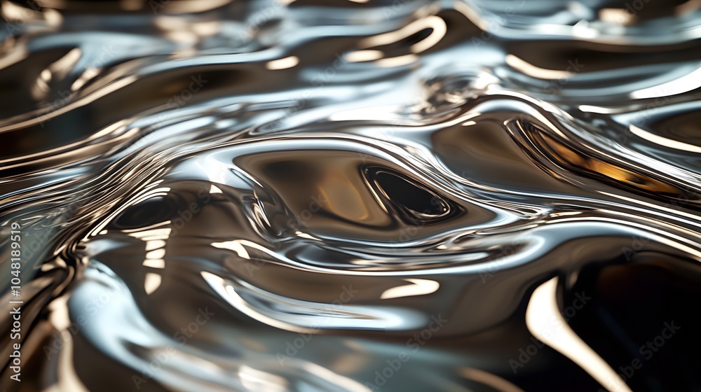 A ripple effect on a metallic surface with intricate reflections and light refractions A ripple effect on a metallic surface with intricate reflections and light refractions