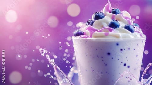 Topping fruit blueberries glass of milk milkshake yoghurt smoothie with copy text space background. photo