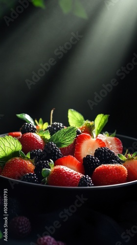 Fruit Salad with Strawberries, Mulberries, and Blackberries in a Bowl