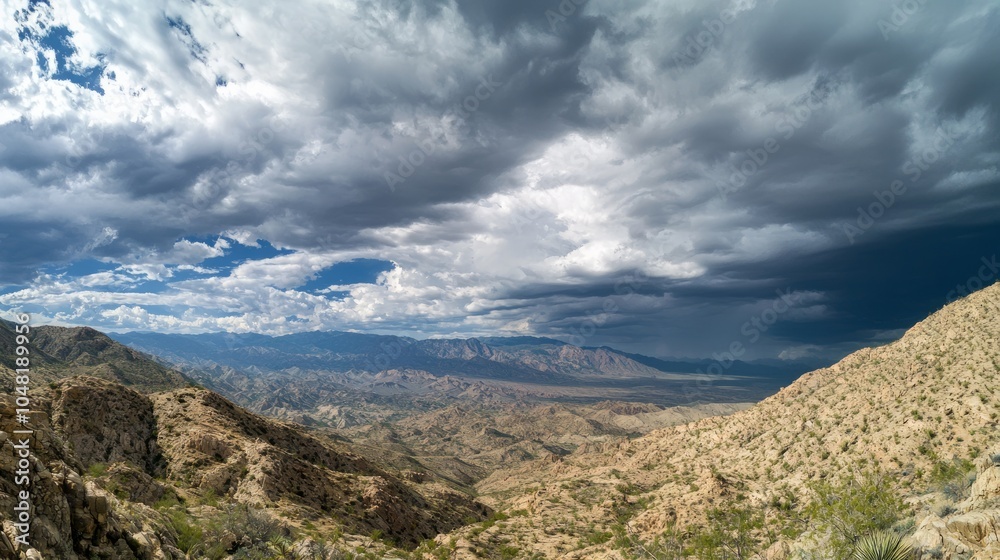 Fototapeta premium Majestic Mountain Range Under Dramatic Sky with Impending Storm, Ultra-Detailed Panoramic Landscape Photography