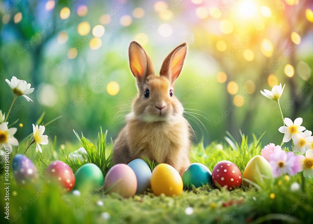 Cute Bunny with Colorful Eggs in a Bokeh Wonderland for Easter Celebrations Cute Bunny with Colorful Eggs in a Bokeh Wonderland for Easter Celebrations