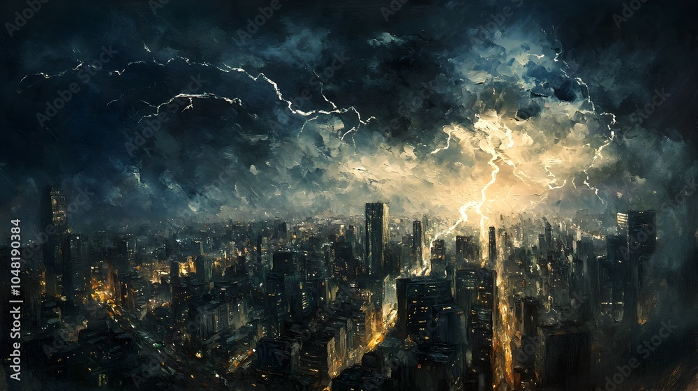 Fototapeta premium Dramatic Dhaka Cityscape Towering Skyscrapers Lit by Ominous Lightning and Thunderstorm