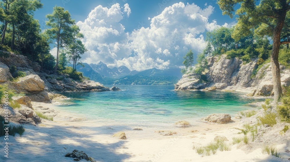 A tranquil secluded cove with crystal-clear water, white sand, and lush greenery. The mountains in the background add to the scenic beauty. A tranquil secluded cove with crystal-clear water, white sand, and lush greenery. The mountains in the background add to the scenic beauty.