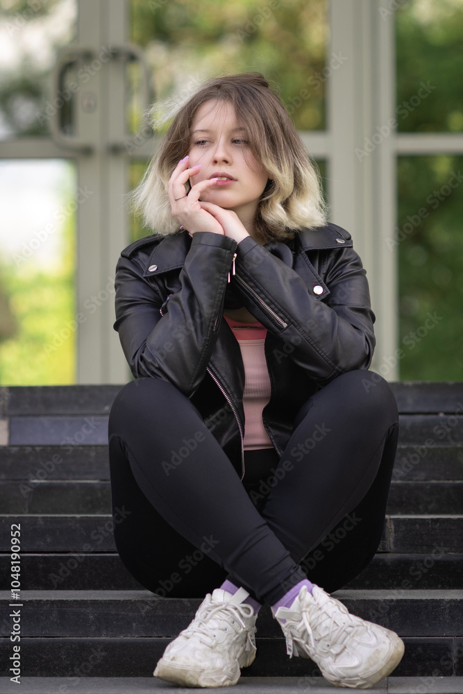 Portrait of a young beautiful girl in a black jacket in an urban environment. Portrait of a young beautiful girl in a black jacket in an urban environment.