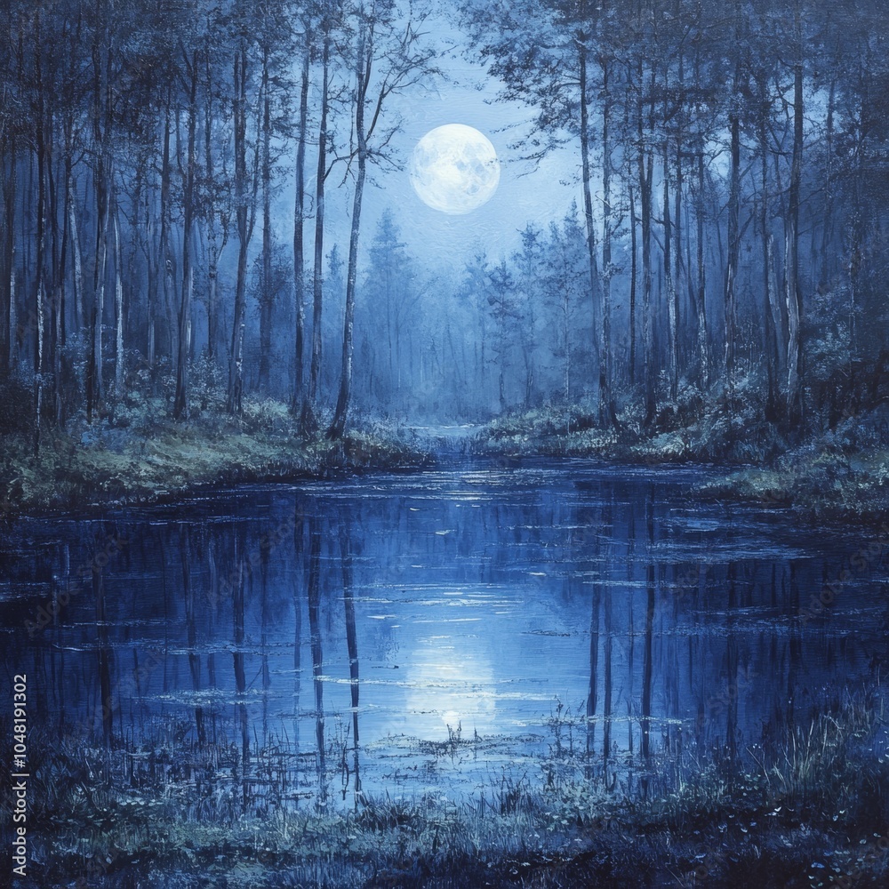 Obraz premium Serene night scene with moonlit reflection.