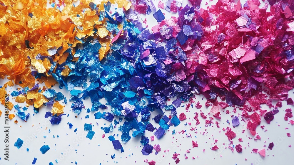 Close-up of colorful confetti scattered on a white background. Close-up of colorful confetti scattered on a white background.