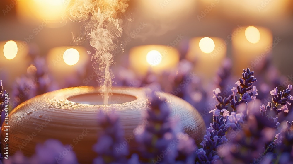 A close-up of lavender and chamomile oils being added to a diffuser, with a background of soft candlelight and gentle textures. A close-up of lavender and chamomile oils being added to a diffuser, with a background of soft candlelight and gentle textures.