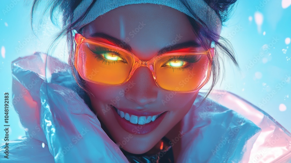 Close-up portrait of a young woman with glowing eyes and a mischievous smile, wearing neon orange sunglasses and a white jacket. Close-up portrait of a young woman with glowing eyes and a mischievous smile, wearing neon orange sunglasses and a white jacket.