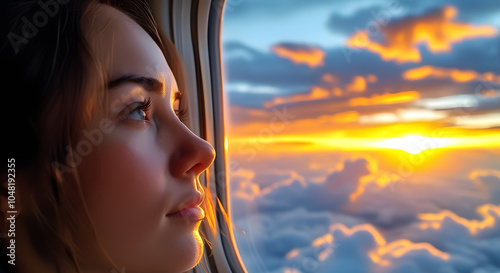 A woman looks at the sky with clouds from the window of an airplane. Sunset from an altitude of 11,000 km. The thirst for travel.