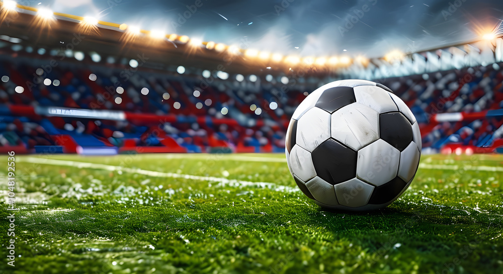 Obraz premium A soccer ball lying on the stadium grass. The anticipation of a football match, the sports atmosphere.