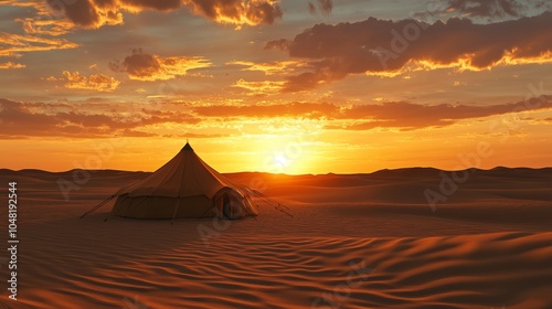 Tent at sunset in the desert landscape