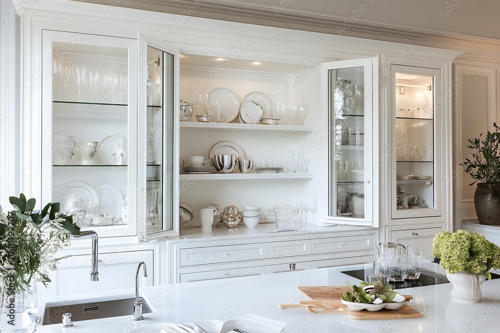 スタイリッシュなキッチンキャビネットのディスプレイ | kitchen cabinet, dishware, glassware, stylish storage, plates, bowls, glasses, cutlery, modern kitchen, organization, simple design, lighting, plants, minimalist, sophistic スタイリッシュなキッチンキャビネットのディスプレイ | kitchen cabinet, dishware, glassware, stylish storage, plates, bowls, glasses, cutlery, modern kitchen, organization, simple design, lighting, plants, minimalist, sophistic