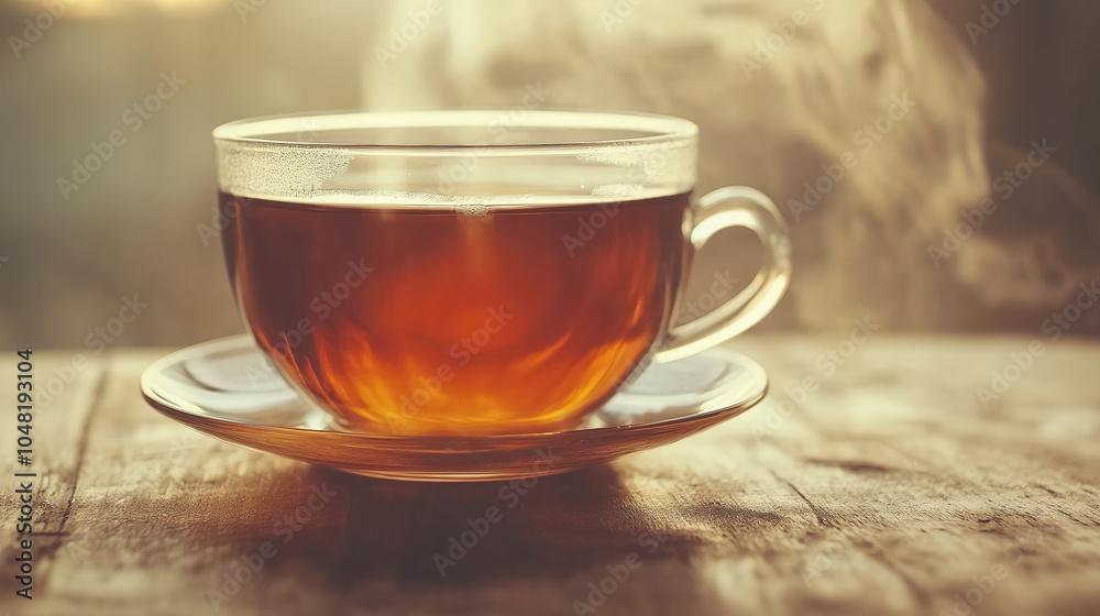 Steaming cup of tea on rustic wooden table in warm morning light Steaming cup of tea on rustic wooden table in warm morning light