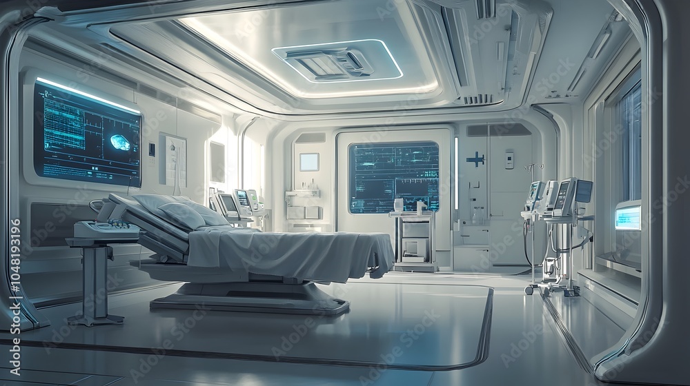 Futuristic and Sleek Hospital Room with Advanced Medical Technology and Shimmering Accents Futuristic and Sleek Hospital Room with Advanced Medical Technology and Shimmering Accents