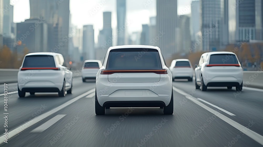 Futuristic fleet of autonomous vehicles on a city highway a vision of tomorrow's urban transport efficiency Futuristic fleet of autonomous vehicles on a city highway a vision of tomorrow's urban transport efficiency