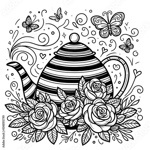 a coloring page featuring a striped teapot with steam, filled with delicate roses, small decorative butterflies and swirls around the teapot 