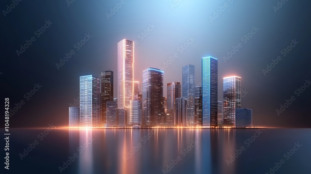 Futuristic urban landscape at night illuminated skyscrapers reflecting on calm waters in a modern city environment Futuristic urban landscape at night illuminated skyscrapers reflecting on calm waters in a modern city environment