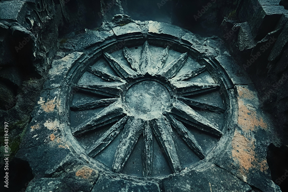 Obraz premium A circular stone structure with a sun-like design, surrounded by rugged terrain, suggesting an ancient or mystical significance.