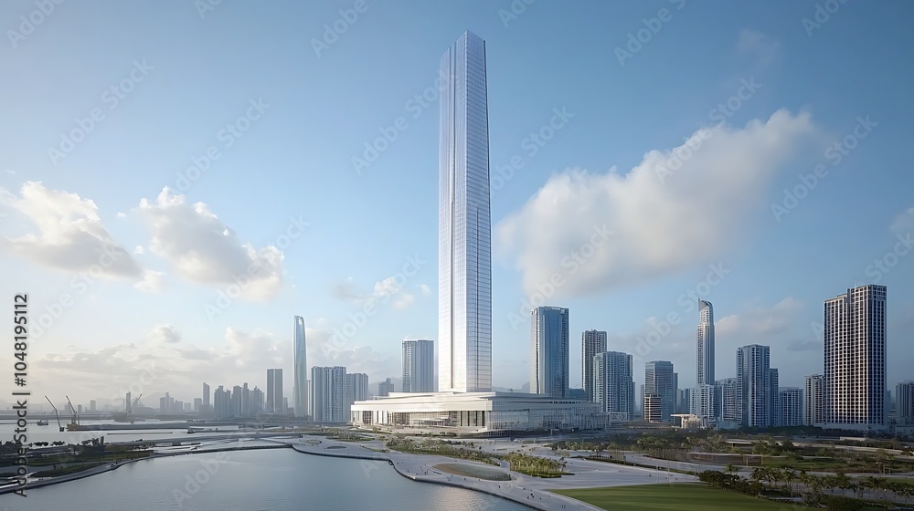 Stunning skyscraper design that defines modern architecture amid city landscape with reflective water body and blue sky Stunning skyscraper design that defines modern architecture amid city landscape with reflective water body and blue sky