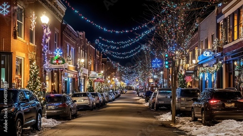 Christmas Lights Adorn a Snowy Street in a Quaint Town