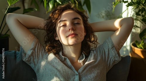 Relaxed young woman with closed eyes sitting on a couch with her arms behind her head in a sunlit room.