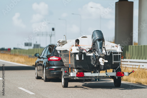 Motorboat being towed by car photo