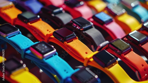 A Close-Up of Colorful Smartwatches with Different Colored Bands