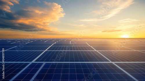 Solar panels in a field at sunset.