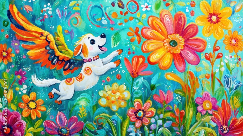 Fototapeta premium A whimsical painting of a playful dog with wings amidst vibrant flowers and colors.