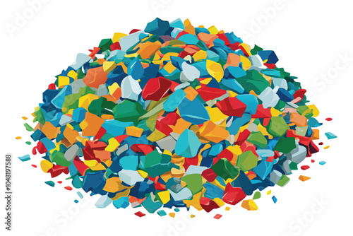 Recycled Crushed Plastic Granules - Mixed Colors for New Reused Material, Isolated on White Background.