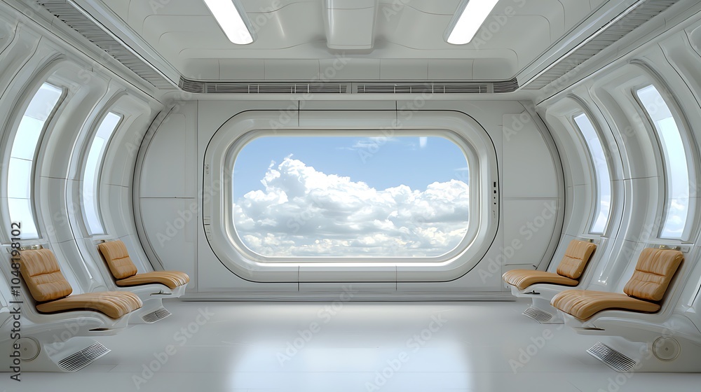 Obraz premium Futuristic interior with panoramic window showcasing cloudy sky a modern space for reflection and inspiration