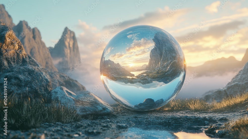 A crystal orb reflecting a scenic landscape at sunrise, with soft light highlighting the detailed surroundings within the sphere. A crystal orb reflecting a scenic landscape at sunrise, with soft light highlighting the detailed surroundings within the sphere.