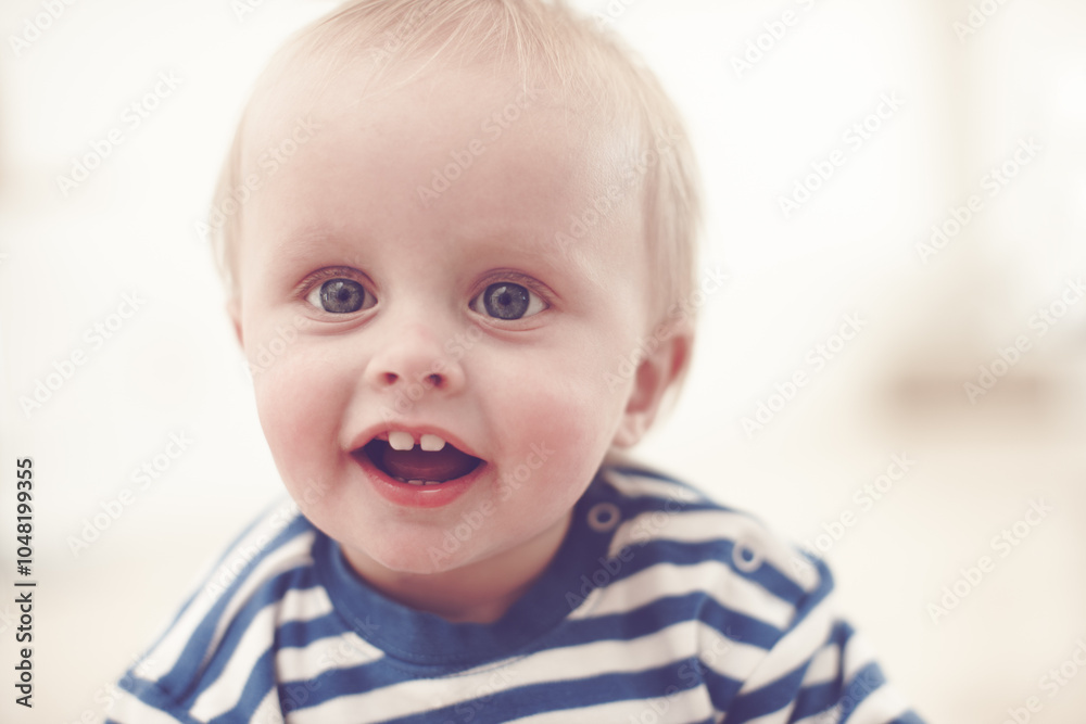 Baby, happiness and child development in home for growth, motor skills and milk teeth as healthy boy. Male person, toddler and curious for learning, mobility and support in house as kid with balance Baby, happiness and child development in home for growth, motor skills and milk teeth as healthy boy. Male person, toddler and curious for learning, mobility and support in house as kid with balance