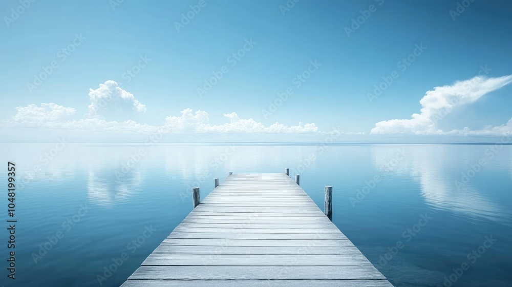 Fototapeta premium A dock on a calm lake, surrounded by natural beauty with a clear blue sky, capturing a minimalist and serene scene.
