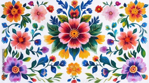 Festive and colorful floral motifs on a patterned wallpaper, representing Hispanic Heritage Month, vibrant colors reflecting the culture richness.