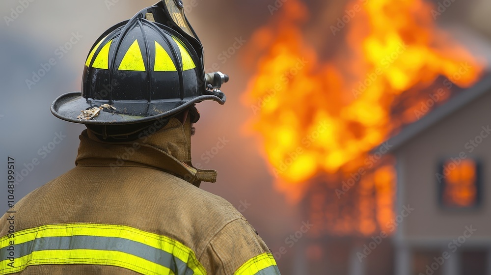 Fototapeta premium A firefighter watches as a house burns fiercely, showcasing the bravery and urgency of emergency response in dangerous situations.