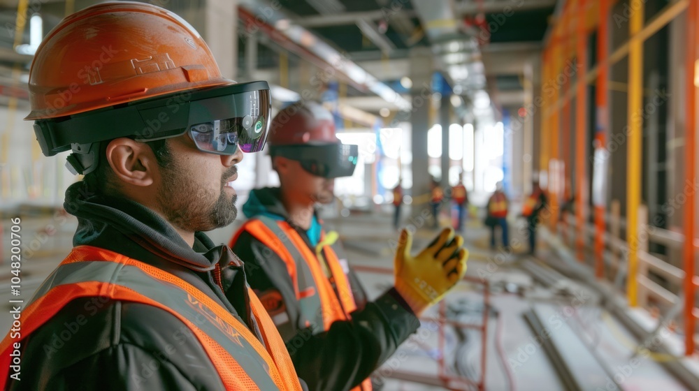 Obraz premium Construction Workers Using Augmented Reality Headsets on a Construction Site